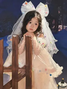 Detail view of girl's princess birthday veil with colorful pom-poms and large mesh bow