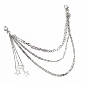 Multi-layered silver metal waist chain with hollow star charms for women jeans
