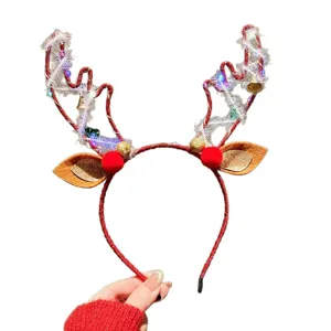 Diadema navideña luminosa con cuernos de reno, cascabeles y lindas orejas