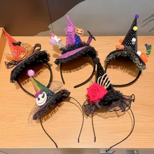 Assorted Halloween witch hat headbands with black mesh, sequins, and gothic motifs.