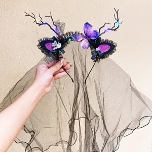 Detailed view of Halloween headband with black veil, LED antlers, and purple butterflies