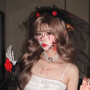 Gothic Halloween black bridal veil headpiece with red roses for witch cosplay outfit.