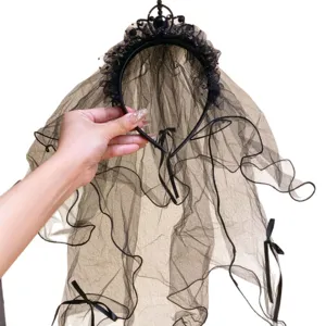 Gothic black Halloween bridal veil headband with mesh tulle and beaded crown for witch cosplay