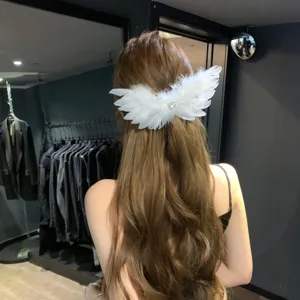 Elegant white feather angel wing hair clip with heart rhinestone for Halloween cosplay