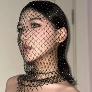 Rhinestone Fishnet Face Mask For Women Gothic Music Festival Halloween Masquerade Mesh Veil Headgear Party Accessory