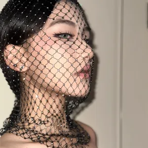 Sparkling rhinestone fishnet face mask for music festivals and creative photography