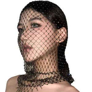 Elegant black rhinestone fishnet face mask veil for music festival and photo sessions
