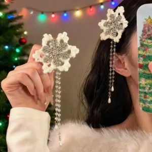 Rhinestone Snowflake Tassel Hair Clip For Women Christmas Artificial Pearl Long Fringe Hairpin Fairy Winter Hair Jewelry
