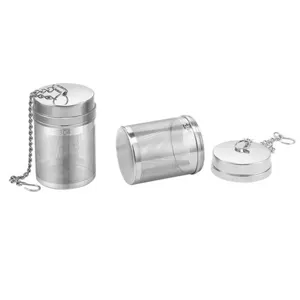 Stainless steel tea infuser strainer with chain and hook, main view showing three parts.
