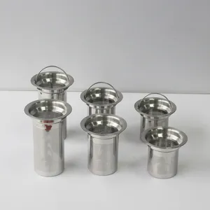 Stainless steel tea infuser mesh filter detail view showing various sizes and handles.