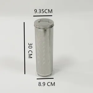 Détail du panier filtre en acier inoxydable avec maillage fin et dimensions précises.