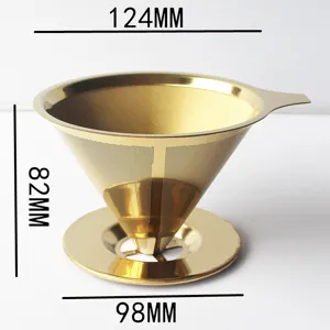 Gold stainless steel coffee filter detail view, cone pour over dripper mesh size 124mm