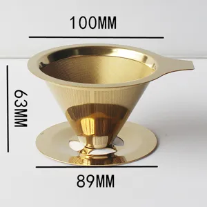 Gold 304 stainless steel coffee dripper filter cone with handle and base dimension view