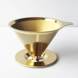 Gold stainless steel coffee filter detail view, double layer mesh cone dripper for brewing.