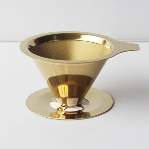 Gold stainless steel coffee filter detail view, cone dripper mesh design.