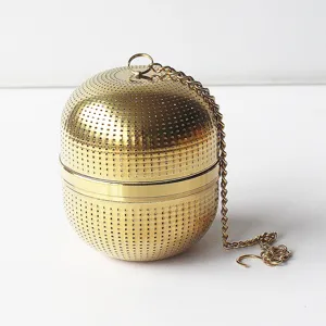 Goldener Tee-Ei-Filter aus Edelstahl, feines Sieb mit Kette und praktischem Haken.