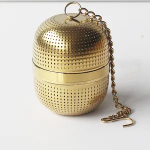 Goldfarbener Tee-Ei-Filter aus Edelstahl mit Kette feines Maschensieb für losen Blütentee.