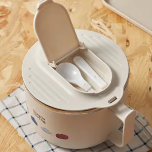 Stainless steel instant noodle bowl with lid and spoon for student dorm use, large capacity.