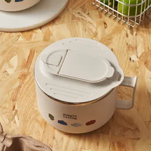 Large capacity stainless steel instant noodle bowl with lid and handle, cream white.