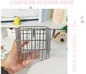 Close-up view of a square stainless steel wire storage basket, perfect for desktop organization.