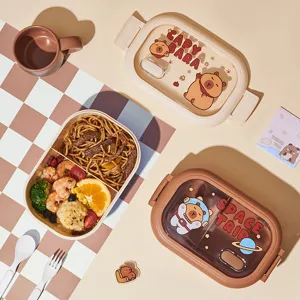 Jolie boîte à bento Capybara à compartiments avec couverts, idéale pour l'école et le bureau.
