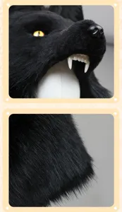 Vue détaillée du masque de loup noir pelucheux avec une texture de fourrure et des yeux perçants.