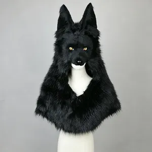 Halloween Cosplay Chapeau Tête de Loup en Peluche Unisexe Style Viking Masque d'Animal Chaud Duveteux Casquette Fête Performance