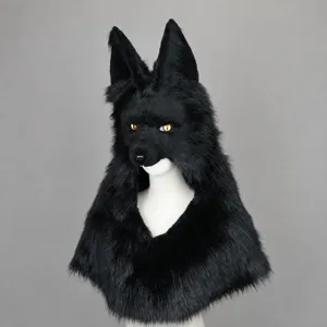 Noir tête de loup en peluche chapeau cosplay capuche fête d'Halloween masque animal fourrure