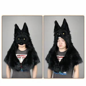 Chapeau en peluche tete de loup noir style viking masque animal pour fete Halloween cosplay