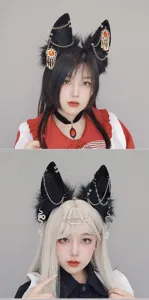 Cerchietto orecchie di lupo gotico, accessorio cosplay esotico con catene e cristalli.