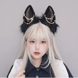 Cerchietto orecchie di lupo gotico cosplay anime con ali dorate e catene eleganti