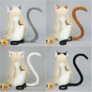 Ensemble Serre-tête Oreilles de Chat et Queue en Peluche Artificielle Fait Main Mignon Costume d'Oreilles d'Animaux Accessoires de Cheveux de Fête Cosplay