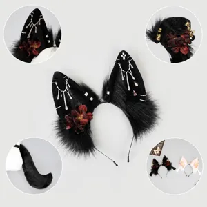 Set cerchietto con orecchie da lupo e coda in stile gotico scuro per eventi cosplay.