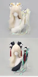 Cute Lolita Chinese style panda cat ear headband and tail plush cosplay accessory set detail view.