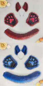 Detailed view of fluffy animal costume set with soft ears headband, paws gloves and fluffy tail.