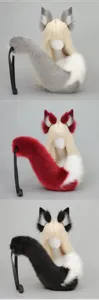 Cosplay fox ear headband and plush tail set, handmade fluffy animal tail costume props for party.