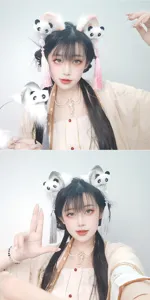 Cute Lolita Chinese style panda ear hair hoop with fluffy plush ears and tassels detail view