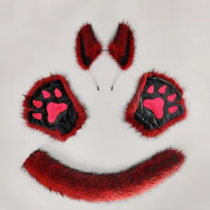 Halloween werewolf animal ears headband, plush paws gloves and tail cosplay set