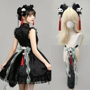 Lolita Panda Cat Ear Headband And Tail Plush Cosplay Accessories Subculture Animal Ears Hair Hoop Bow Set