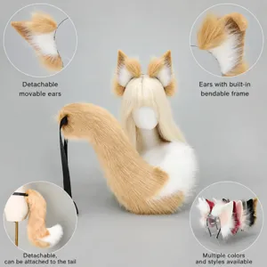 Handmade faux fur fox ears and tail set cosplay headband adjustable fluffy animal costume props