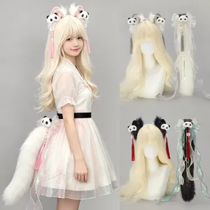Lolita cute panda ears headband and plush tail cosplay costume accessory set for women.
