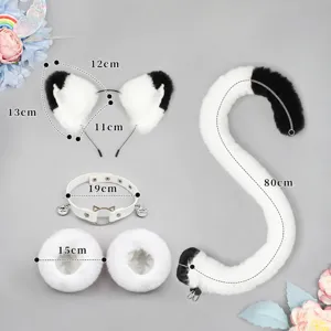 Plush cat ears headband tail collar and cuffs set for anime cosplay conventions flat lay main image.