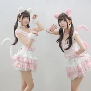Cosplay cat ear maid costume set with fluffy headband, tail, choker, and ruffled dress.