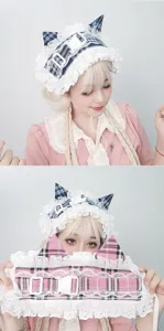 Joli serre-tete oreilles de chat carreaux Lolita japonais avec dentelle et boucles.