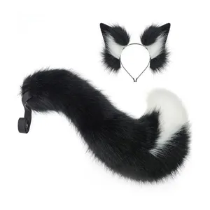 Black and white cat fox ears headband and fluffy tail cosplay costume accessory set.