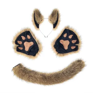 Fluffy wolf ear headband paw gloves and tail set for Halloween costume party wear.