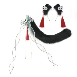 Lolita Chinese style black white panda plush animal ears headband and tail cosplay set.