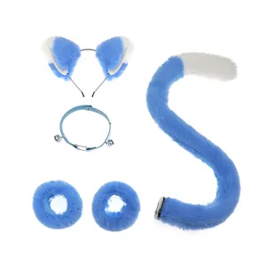 Blue fluffy cat ears headband collar wristbands and tail cosplay set for anime conventions.