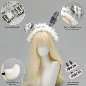 Bandeau à Carreaux Style Lolita Japonais Mignon Oreilles Chat Lapin Dentelle Accessoires Cheveux