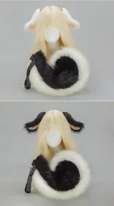 Cosplay animal ears and tail set, fluffy faux fur puppy ears headband and matching tail.